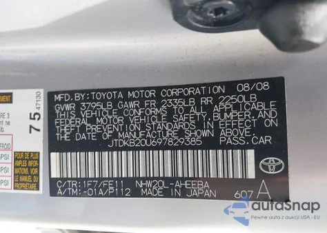 2009 Toyota Prius из США, поврежденный, VIN JTDKB20U697829385